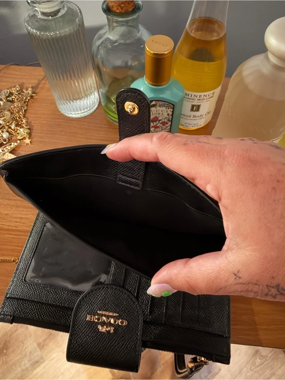 Coach Black Pebbled Leather Wristlet Wallet with Gold Logo Accent